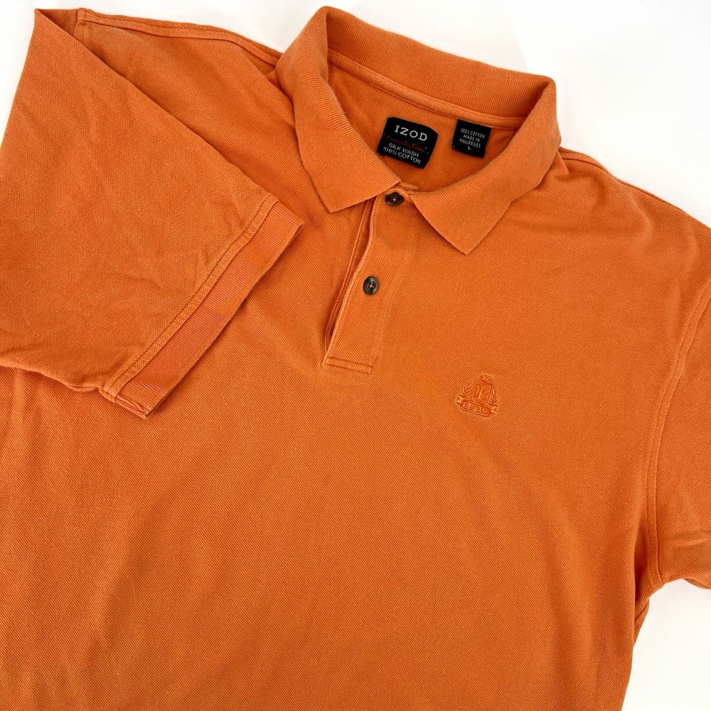 IZOD Orange Mens Solid Polo Shirt with Logo Short Sleeve sz L
